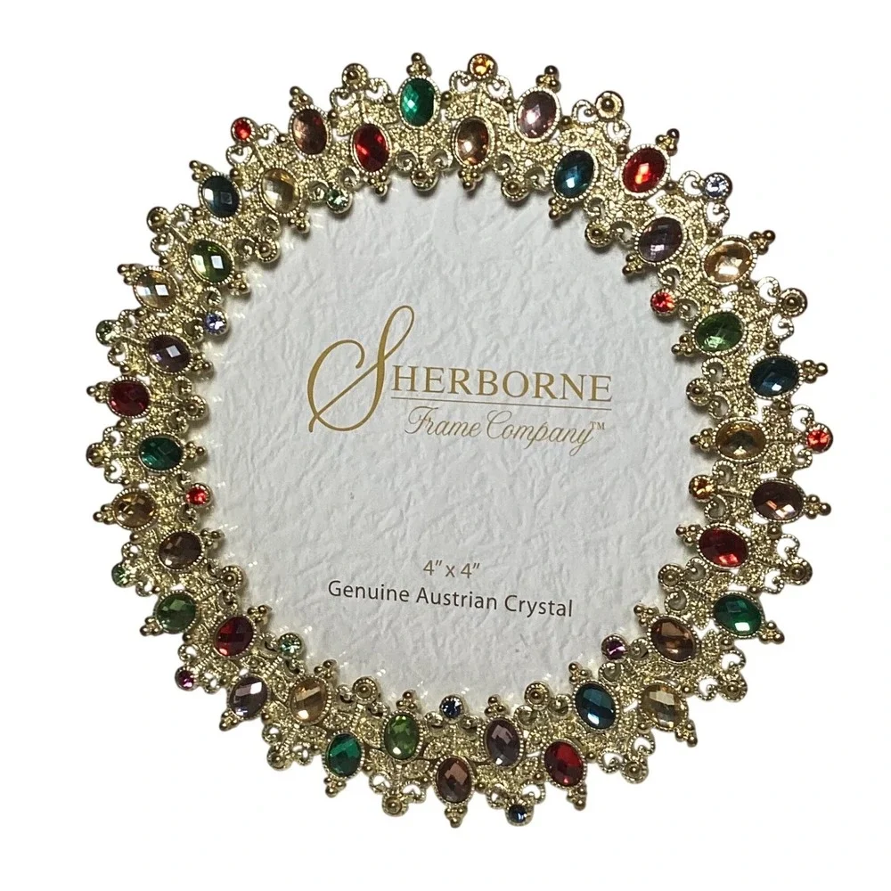Sherborne Frame Company 4x4 Round Gold Filigree Austrian Crystal Picture Frame